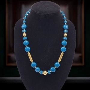 Trifari Vintage Blue Lucite Bead Necklace Gold Bar Accents 1970s  24"
